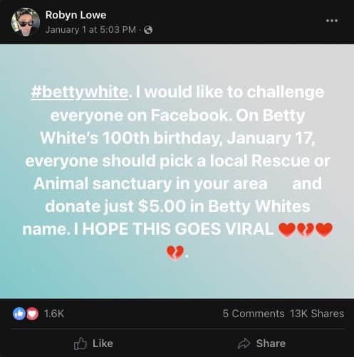 Facebook post about Betty White and animal rescue donations