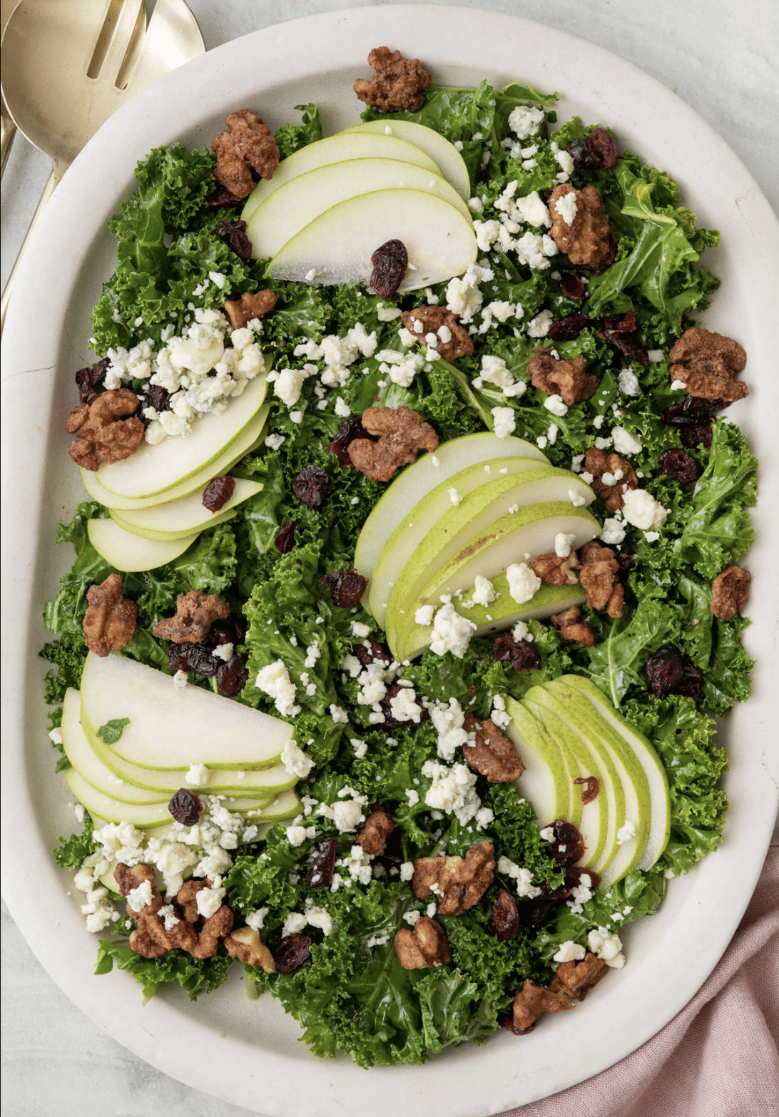 Kale pear salad with candied walnuts