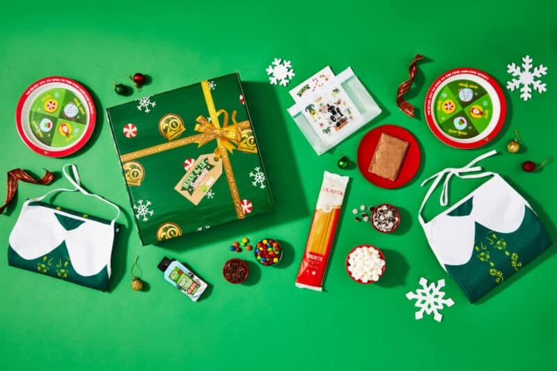 Buddy the Elf spaghetti kit ingredients on green background