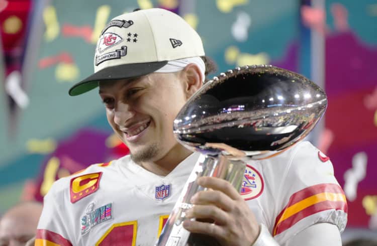 Kansas City Chiefs quarterback Patrick Mahomes (15) holds the trophy after their win against the Philadelphia Eagles in the NFL Super Bowl 57 football game, Sunday, Feb. 12, 2023, in Glendale, Ariz. The Kansas City Chiefs defeated the Philadelphia Eagles 38-35.