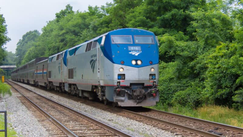 Amtrak Train travels past green trees