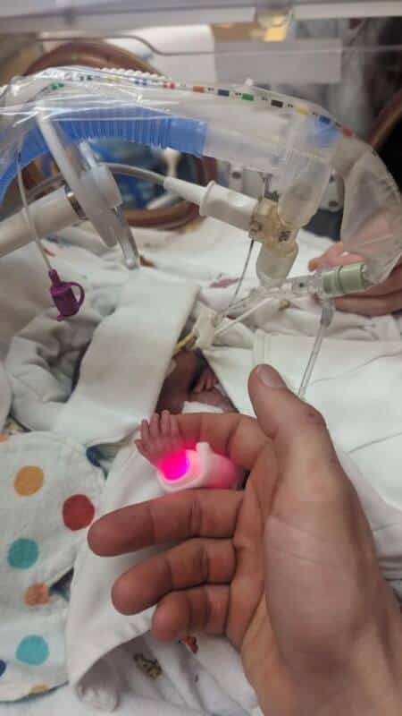 Evie Statler's hand on dad Dylan's hand