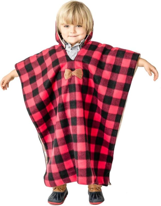 kid wears hooded poncho with checkered print