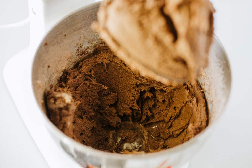 Mixing bowl with chocolate cookie dough, attachment paddle with chocolate cookie dough attached. 