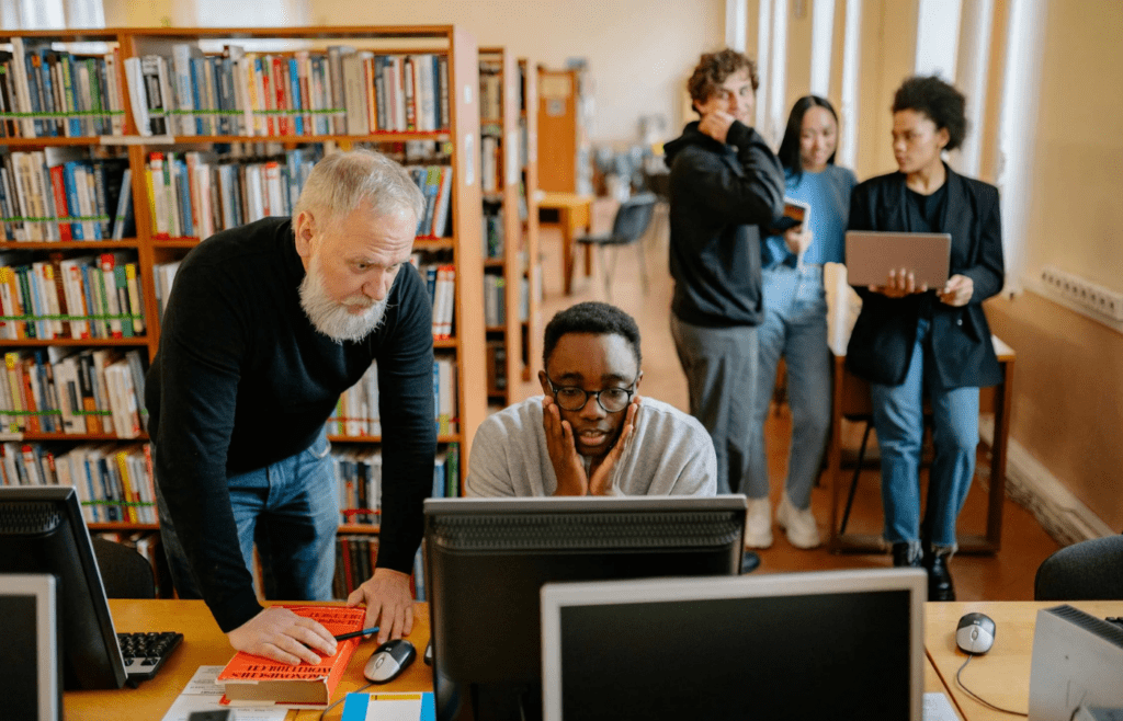 group of people in library