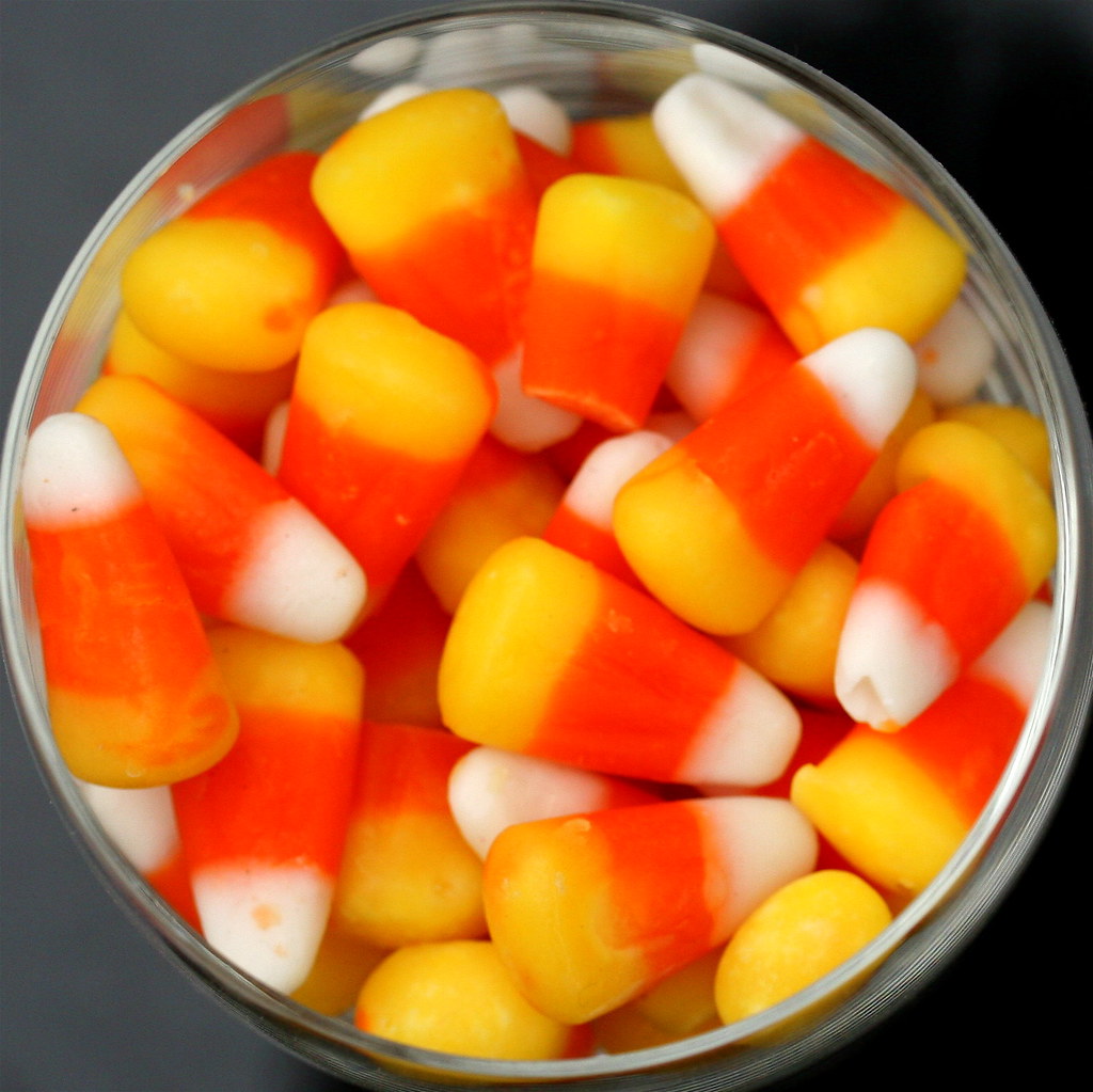 Candy corn candies featuring its famous tri-color design