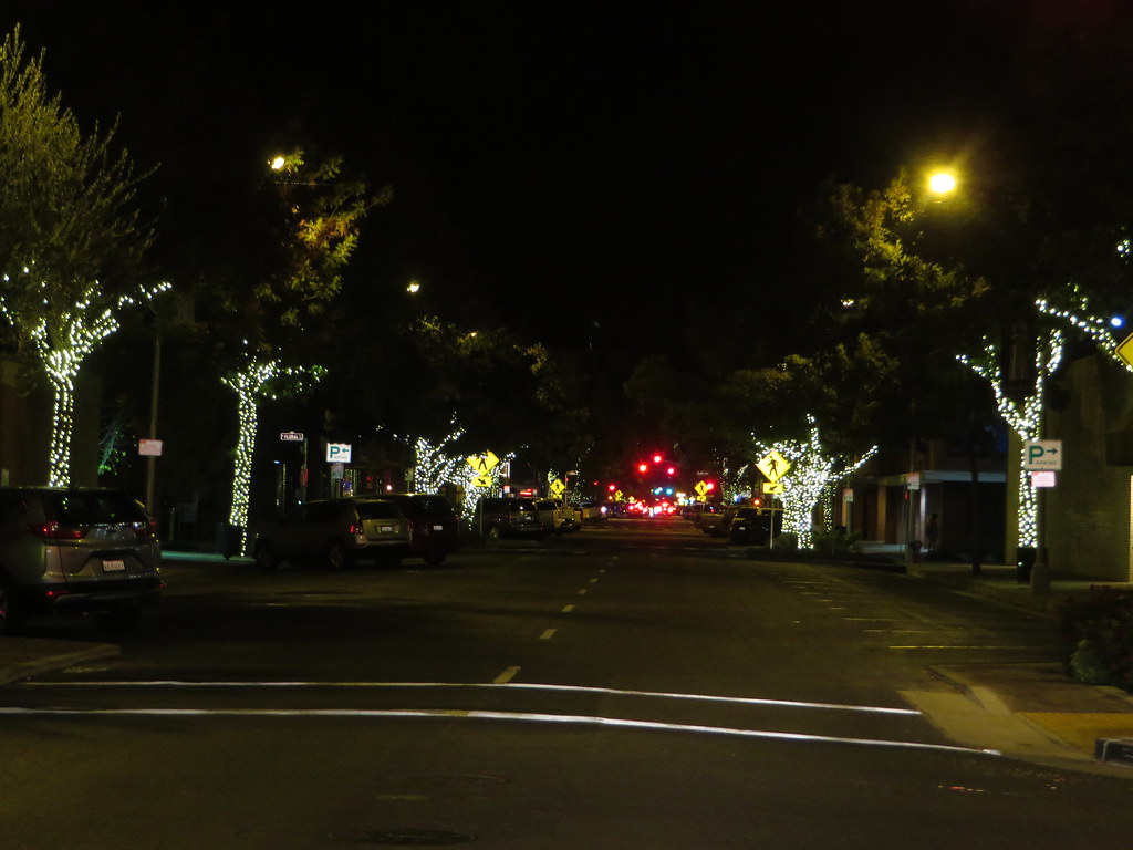 A street in Visalia, California at night